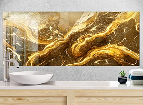 Myphotostation Tempered Glass Splashback 50Wx33.5H''Gold Stove Protector Backsplash Cooker Wall Backsplash Panel Glass Splashback for Kitchen Tile Panel Golden Marble Splashback Stove