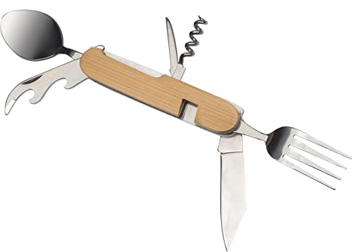 Multifunktionales, faltbares Campingbesteck aus Metall mit einem Griff aus Holz für den universellen Gebrauch beim Campen von notrash2003 (1)