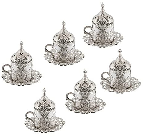 Fancy - Juego de 6 tazas de café turco con diseño floral, tazas de espresso doradas para café turco, árabe y griego, tazas de espresso, juego de 24 tazas de café con platillos, tapas y portavasos