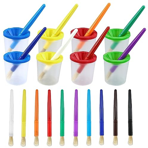 18 Stück Pinsel in 10 Farben und 8 Stück sortierte farbige auslaufsichere Farbbecher, nicht verschütteter Wasserbecher Mischfarbe Topf und Stopper Deckel für Kinder, Schulbedarf, Kunstunterricht