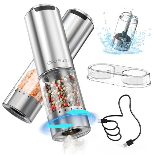 CIRCLE JOY Juego de Molinillos de Pimienta Eléctricos Recargables Molinillos de Acero Inoxidable con Base, Recipiente Transparente de 95ml, Luz LED Blanca y Rugosidad Externa Ajustable, Plata