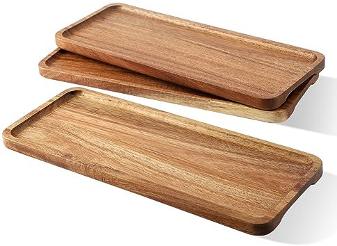 Tablett Holz 30x12 cm 3er Set, Dekotablett aus Akazienholz, Serviertablett Klein Holz Tablett, Holztablett Deko Rechteckig, Deko-Tabletts für Dessert Kosmetik Schmuck Kerzen