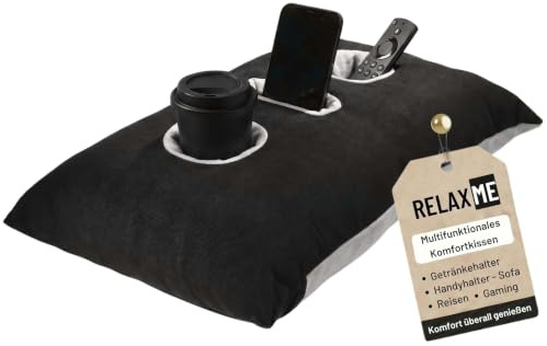 Nurtextil24 Relax ME Kissen Getränkehalter Sofakissen 40x60 cm Schwarzgrau | Multifunktional Allzweckkissen -Tablett & Getränkebehälter- Tolles Geschenk Idee - Sofakissen, Kopfkissen, Reisekissen