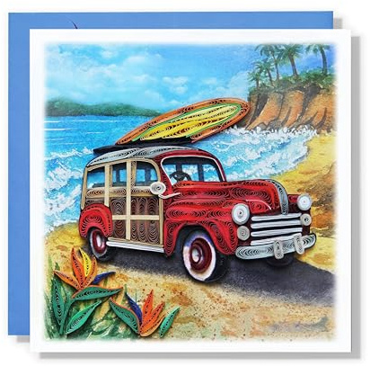 TUMYBee Red Bus On The Beach, Under The Sea Card, New Adventure, Road Trip, Travel Car Quilling Card for Birthday, Graduation, Congratulations, Retirement, Holiday, Work Anniversary, Fathers Day