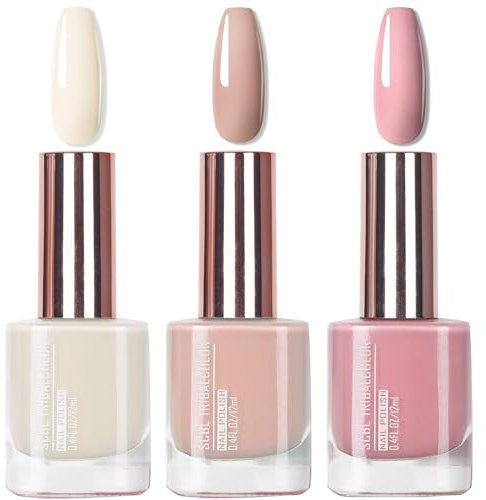 EONFAVE Nail Polish Set - Nude White Nail Varnish Set - 3Pcs Nude Pink Milky White Nial Polish Natural Look - Quick Dry Nail Varnish Gift Set DIY Manicure Home