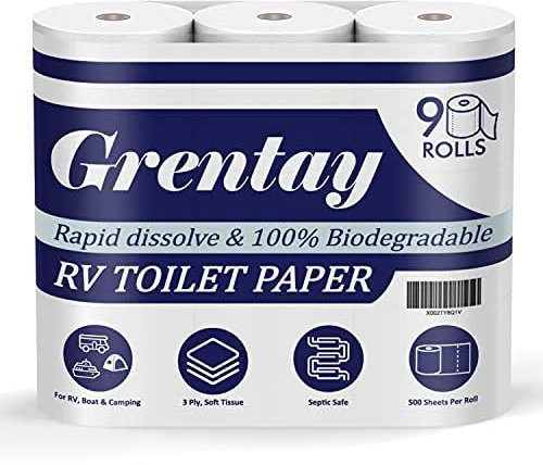 Rapid Dissolving RV Toilet Paper Septic Safe, Camping Toilet Paper Biodegradable 9 Mega Rolls, 500 Sheets, 3 Ply RV & Camper Accessories for Travel Marine, Camp, Boat and Motorhome (Inches, 4 x 4)