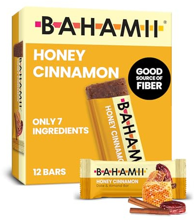 Bahamii Snack Bars, Made with Dates & Nuts, Healthy Snacks, Gluten Free, Good Source of Fiber, Only 7 Ingredients, For Kids & Adults, No Artificial Sweeteners, Dairy Free, 12 Pack, Honey Cinnamon