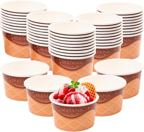 MATANA 150 Eisbecher aus Pappe für Partys & Kindergeburtstags (240ml) - Eiswaffel Design - Waffelbecher, Eisschalen, Dessertschalen Einweg, Eisbecher Waffel, Eis Pappbecher