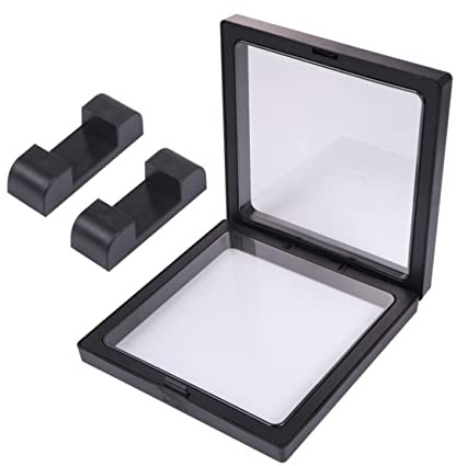 MOBUTOFU Caja Flotante para Joyas de Plástico Negro, Juego de 4 | Marcos Transparentes Soporte, 8 Bases Incluidas, para Collares y Medallas