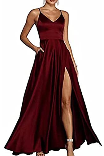 ECDAHICC Frauen Italienische Nudel Verstellbare Riemen Ball Kleid High Neck V-Ausschnitt Satin Tasche Formale Party Abendkleid WR-M