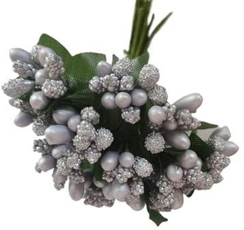 Honkenda Künstliche Maulbeerblumen, künstliche Obst-Staubblätter, Mini-Heiratsblätter, Staubblatt mit Drahtstiel, Blume für Bastelarbeiten, Kränze, Hochzeit, Blumenarrangements, Dekoration (Silber,