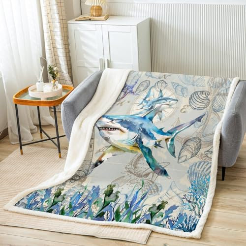 Homemissing Hai Decke 75x100cm Unterwassertiere Thema Kuscheldecke für Kinder Jungen Mädchen Schalen und Korallen Wohndecke Aquarell Blau und Braun Flanell Fleecedecke Dekor für Sofa