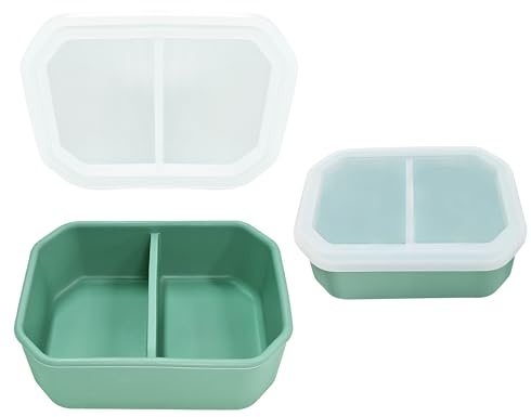AWINNER Reusable Leak-Proof Silicone Food Storage Box, 2-Compartment Bento-Style Kids Lunch Box, Durable, Drop-Proof, Dishwasher Safe (Green)