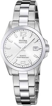 Festina SWISS MADE Orologio Donna Analogico in Acciaio Inossidabile 316L Argento - Movimento al Quarzo - Vetro Zaffiro Resistente - Impermeabile 10 ATM - Data F20049/1 Classic Steel