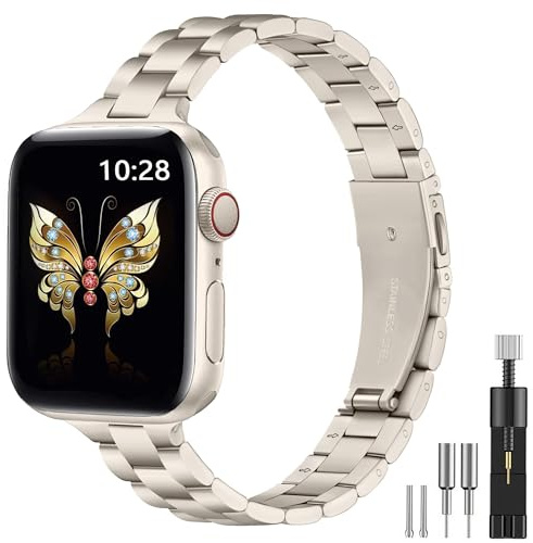 Damen Schlankes Metallarmband Kompatibel mit iWatch Armband 38mm 40mm 41mm 42mm 44mm 45mm 46mm 49mm, Edelstahl Armband mit Installationswerkzeug für iWatch Ultra 2, SE Serie 11/10/9/8/7/6/5/4