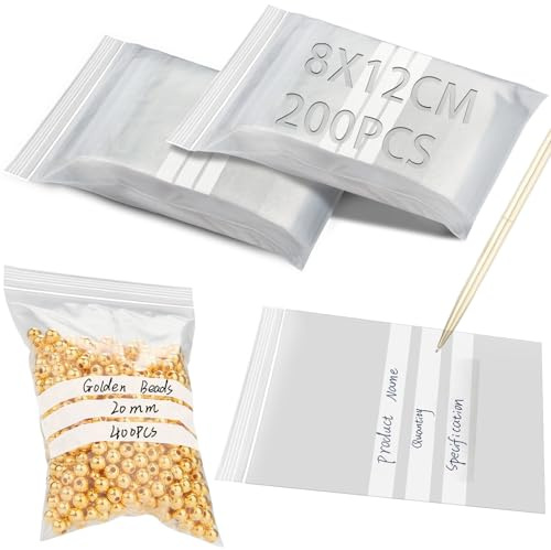 200 Pièces Pochon Plastique 8x12cm avec Panneau d'Écriture, Sachet Zip Transparent Refermable pour Ranger Échantillons, Nourriture, Bijoux
