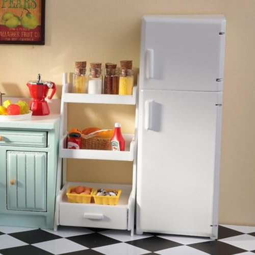 Minamzee 1:12 Juego De Muebles De Cocina para Casa De Muñecas, 36 Piezas De Mini Nevera De Madera con Estantería Y Accesorios Decorativos De Comida, para Cocina O Sala De Estar