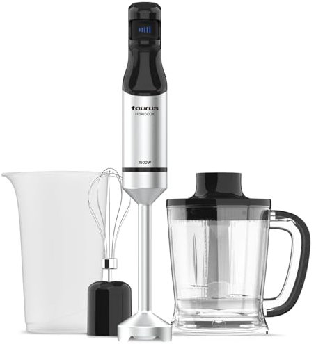 Taurus - Batidora de mano | 1500W Potencia | Regulador de 20 velocidades ajustable | Función Turbo | Cuchillas de acero inoxidable | Pica hielo | Diseño ergonómico | Vaso medidor 700 ml | Inox