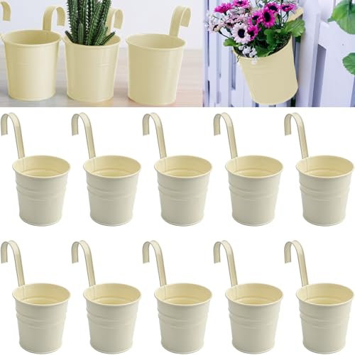 Roellgs 4 Inch Metal Hanging Flower Pot Indoor ，10 Pcs Round Metal Iron Buckets with Detachable Hooks and Drainage Holes Small Hanging Herb Planter for Railing Fence Outdoor Balcony Garden Patio Decor