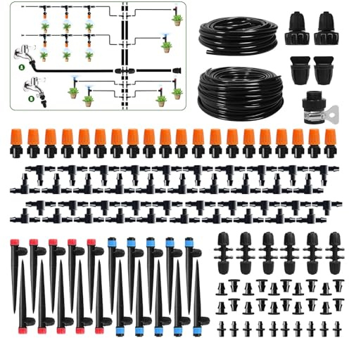 260 FT Drip Irrigation System Kit, Automatic Garden Watering System with 2/5 & 1/4 Tube for Greenhouse, Lawn, Raised Bed, Micro Misting Plant Sprinkler System, Adjustable Drip Emitters