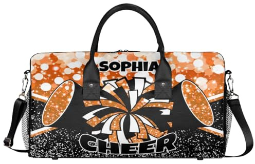 Mintoprints Personalisierte Cheer-Tasche für Cheerleader, individuelle Sporttasche, Turnbeutel, Reisetasche, Übernachtung, Wochenendtasche, Orange/Abendrot im Zickzackmuster (Sunset Chevron), 17.4