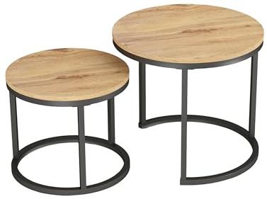 Soayone Couchtisch 2er Set Rund Beistelltisch Eiche Couchtisch Klein Satztische fürs Wohnzimmer Holz Sofatisch Rund