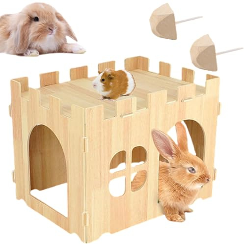 AzulLanse kanin trähus, kanin lekhus gömma 40 x 30 x 28 cm livsrum inomhus för marsvin Chinchilla igelkott hamster racingmus, 2 molar sten.