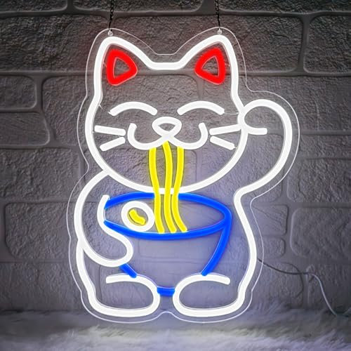 Lxmoneon Ramen Cat Neon Light Sign,Lucky Cat Neon Signs for Wall Decor,USB Noodle Led Neon Sign,Dimmable Ramen Neon Wall Light for Japanese Resturant Home Kitchen Ramen Shop Bar Party Gift