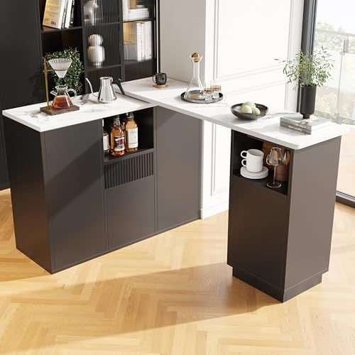 ModernLuxe 360° drehbarer Bartisch mit Marmor-Arbeitsplatte, Multifunktionale Bar mit Stauraum, Ausziehbar und Flexibel, L-förmig oder linear, für Küche, Wohnzimmer und Esszimmer – Schwarz
