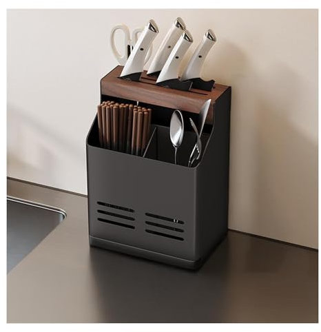 FOELANNE Portautensili, Portacoltelli con scolapiatti, Porta Bacchette, vaschetta di Raccolta, da Parete/Piano, Multicolore(Black)