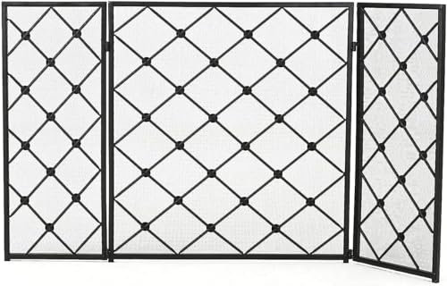 ININOSNP Schermi per caminetti Decorativi Schermo ignifugo, 3 robuste Protezioni for Schermo ignifugo for la Decorazione della casa, Design a griglia diamantata(Black)