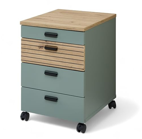 Stella Trading Glenn Rollcontainer Schreibtisch in Schilfgrün, Artisan Eiche Optik - Mobiler Büroschrank mit Schubladen - 45 x 66 x 55 cm (B/H/T)