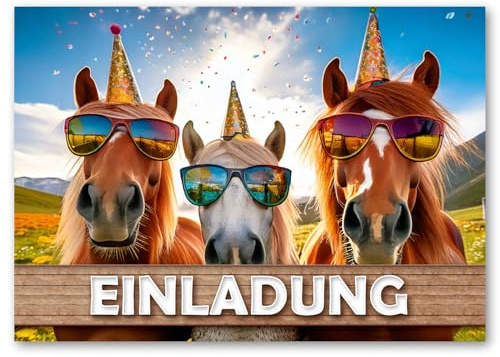 LIEBEVON 12x Pferde Einladungskarten Kindergeburtstag - Reiten Einladung A6 | Einladungen für Jungen & Mädchen. Extra stabiler 300g Premium-Karton.