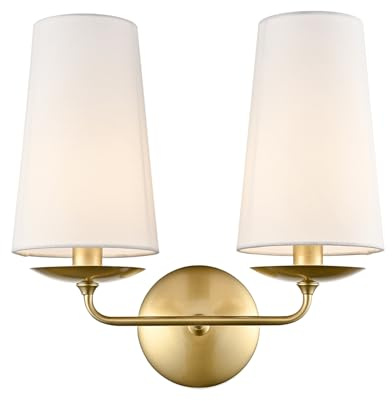 Moose Modern Gold 2-Light Wall Sconces Hardwired Brass Double Sconce with Fabric Shade for Bedroom, Fireplace, Staircase, Bathroom, Hallway