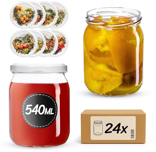 KADAX Lot de 24 bocaux en verre 540ml Ø82 Rustique – Couvercle Twist-Off hermétique TO82 – Pour confitures, conserves, cornichons, miel & fermentation