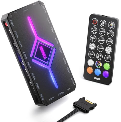 AsiaHorse ASH-1 Hub Para Ventiladores PC ARGB PWM Con Controlador [20 Efectos ARGB] [Modo Aprendizaje De Color Único] 9 Puertos PWM 4-Pin & 9 Puertos RGB 5V 3-Pin, Entrada De Alimentación SATA, Sync R