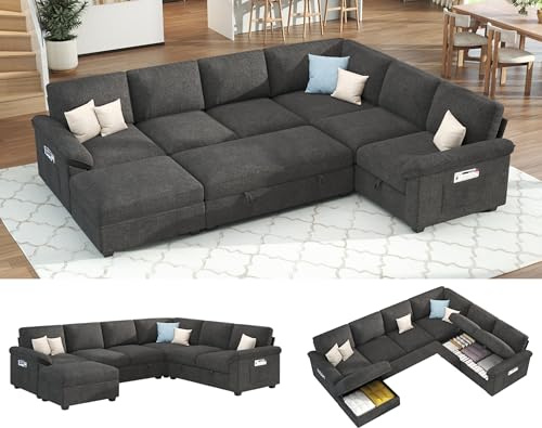 Jocisland 105 Sofa Bed, Sectional Sleeper Sofa with Pull Out Bed/Reclining Backrest, Sleeper Couch Bed with Storage, 6 Seater Couch Bed for Living Room, Chenille Dark Gray