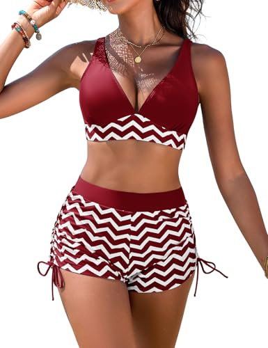 FemiChic Maillot de Bain Femme 2 Pieces Haut de Maillot Col en V Sexy Bikini Shorty Taille Haute Ventre Plat Imprimé Ete Swimwear(Rouge Vin,XXL)