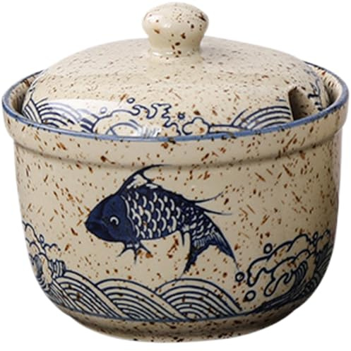 Hbbgdiy Sugar Bowl with Lid and Spoon, Ceramic Salt Bowl with Japanese Pattern & Earmarked Hole Seasoning Container for Sugar, Salt, Pepper, Spices, Jams, Tea, Coffee.