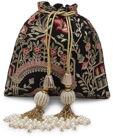 Luxury Embroidered Potli Bag, Silk with Gold Floral Pattern, Pearl Tassel Drawstring Closure, Traditional Wedding Pouch (Black)