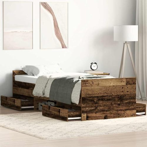 Bucmath Sängram, gammalt träutseende 193 x 78 x 50 cm, trämaterial, enkelsäng med förvaringsutrymme, plattformssäng för sovrum, hållbar, 1 person