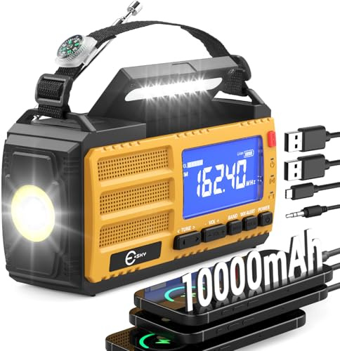 Esky Kurbelradio, 10000mAh Solar Notfallradio mit AM/FM Wiederaufladbare Weltempfänger, USB Lader, LED Taschenlampe&Leselicht, SOS-Alarm & Kompass, Tragbar für Camping, Notfall, Blackout, Geschenkidee