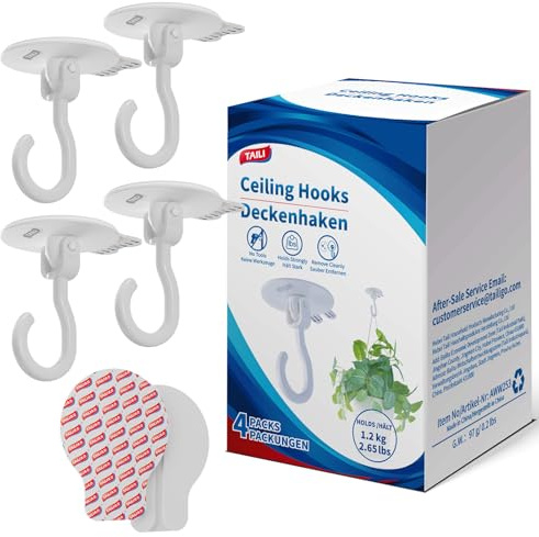 TAILI Haken Klebehaken Selbstklebend Extra Stark,Handtuchhalter ohne Bohren | 4 Stück, Weiß, Abnehmbare Haken für Wand und Decke, Zum Aufhängen von Lichterketten, Girlanden, Türen und Küchen