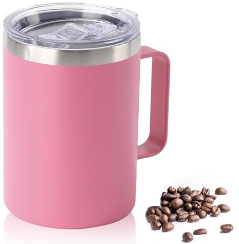 YueXing 16oz Black Insulated Coffee Mug with Handle, Leakproof Double Wall Stainless Steel Travel Mug with Sliding & Straw Lid, Dishwasher Safe for Camping Commuting Hot Cold Drinks (Pink)