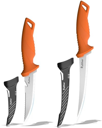 pullther 2 Stück Fishing Angelmesser Set, 5 Inch, 7 Inch Fischmesser | Filetiermesser aus Edelstahl mit Rutschfestem Griff, Rutschfestem Griff, Gezackter Rand, Angelzubehör mit Schutzhülle