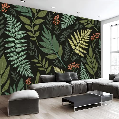 Papel Pintado Salón Dormitorio Tema De Helechos - Fotomurales Panorámico Pared Ilustración De La Naturaleza Decorativos Murales Grande Verde Oscuro Fotográfico Decoración De Paredes, 250X175Cm