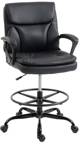 HOMCOM Silla de Escritorio Alta, Silla de Dibujo Ergonómica Negro | Reposapiés Ajustable, Altura Regulable, Ruedas Giratorias, Tapizado en PVC, Oficina, Estudio