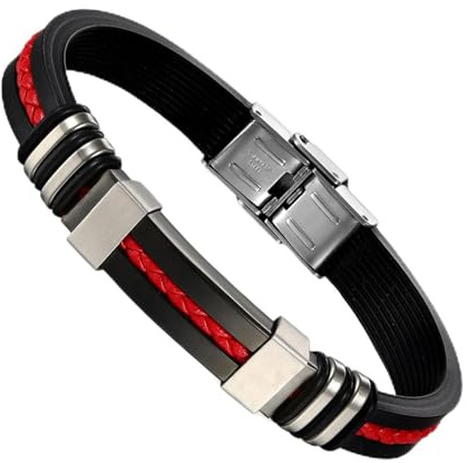 Flongo Bracciale Uomo Silicone con Corda Rossa Braccialetto Biker per Esterni Rosso Nero Bracciale in Acciaio Inossidabile
