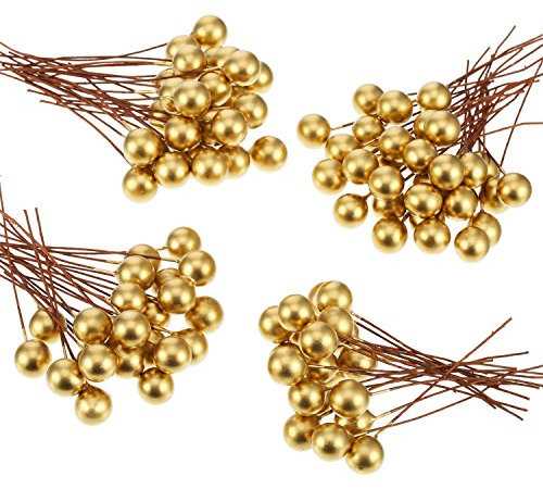 BBTO Künstliche Stechpalme, 100 Stück, Mini 10 mm, künstliche Berries, Dekoration auf Draht für Weihnachtsbäume, Kranz, Blumen, Handwerk, Basteln (Gold)