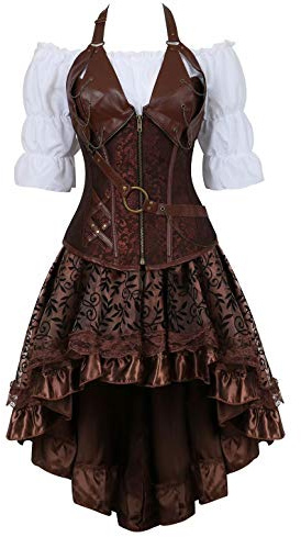 Josamogre Corset Steampunk Mujer Bustier Sexy gotico Pirata Cuero Falda Tutú Vestidos Blusa Fiesta Marrón S